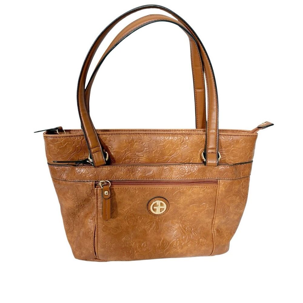 Giani Bernini Embossed Tooled Floral Carmel Brown Luxe Tote Shoulder Bag